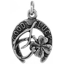 Sabrina Silver Irish Lucky Charm Necklace Horseshoe Clover Wishbone Antiqued Finish 3/4 inch, 16-30 inch 0.8mm Box Chain