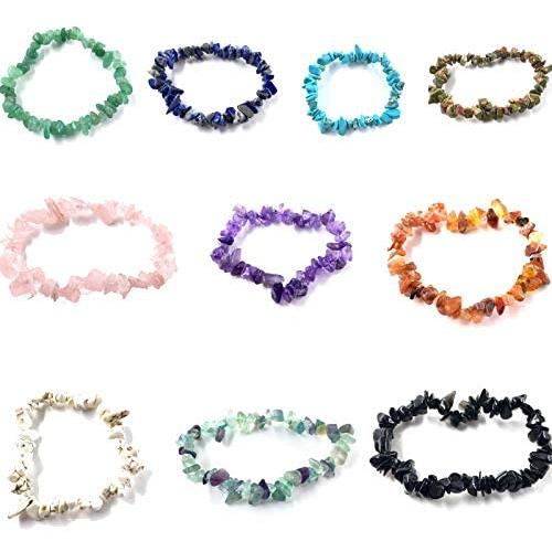 10 Pcs Natural Gemstone Chakra Crystal Bracelet Set Healing Chip Gemstone Stretch Bracelets Colorful Stone Bracelet for Women Girls Jewelry