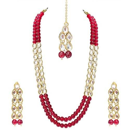 Aheli Bollywood Party Wear Long Beaded Necklace Set with Maang Tikka Indian Ethnic Jewellery for Women