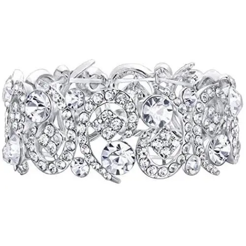 EVER FAITH Womens Clear Crystal Stunning Hollow Floral Wedding Bride, Bridesmaid Stretch Bracelet