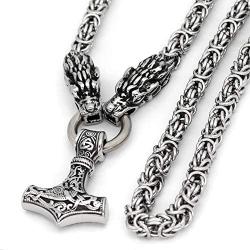 GuoShuang Men Stainless Steel Nordic Viking Wolf Head with Thor Hammer Pendant Necklace with King Chain