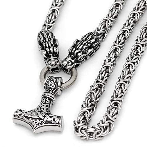 GuoShuang Men Stainless Steel Nordic Viking Wolf Head with Thor Hammer Pendant Necklace with King Chain