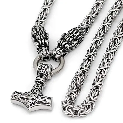 GuoShuang Men Stainless Steel Nordic Viking Wolf Head with Thor Hammer Pendant Necklace with King Chain GuoShuang Men Stainless Steel Nordic Viking Wolf Head with Thor Hammer Pendant Necklace with King Chain