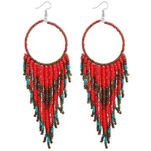 Women Fashion Long Tassel Ethnic Hippie Native Earthy Boho Bohemian Style Handmade Seed Beads Statement Drop and Dangle Earrings Women Fashion Long Tassel Ethnic Hippie Native Earthy Boho Bohemian Style Handmade Seed Beads Statement Drop and Dangle Earrings