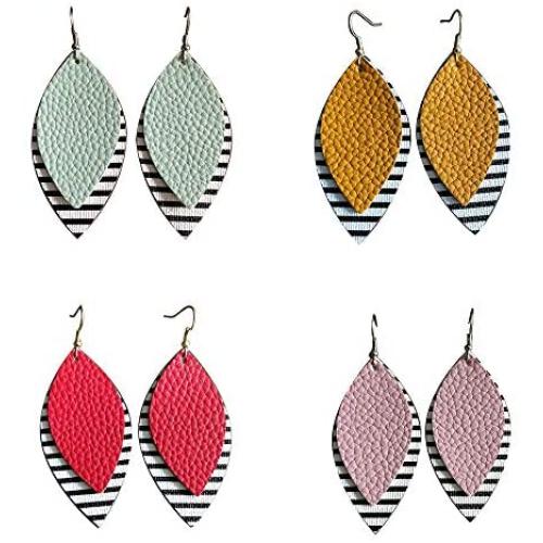 Faux Leather Layer Stripe Drop Dangle Earrings Sets Lightweight Teardrop Leopard Print Earrings Geometric Handmade for Women Girl Jewelry Gifts