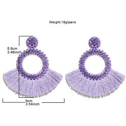 D.Rosse Handmade Bohemian Tassel Crystal Statement Drop Dangle Earrings for Women Girls Hoop Fringe Lightweight Ear Jewelry Summer Accessories