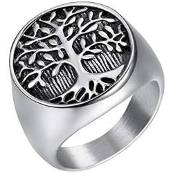 IFUAQZ Mens Stainless Steel Vintage Gold Plated Tree of Life Ring Signet Biker Band Round Top