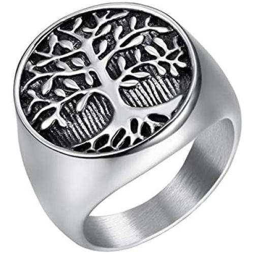 IFUAQZ Mens Stainless Steel Vintage Gold Plated Tree of Life Ring Signet Biker Band Round Top