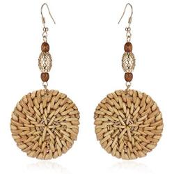 Rattan Earrings Handmade Straw Statement Bohemian Lightweight Drop Dangle Geometric Woven Wicker Earring For Women Girls