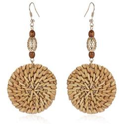 Rattan Earrings Handmade Straw Statement Bohemian Lightweight Drop Dangle Geometric Woven Wicker Earring For Women Girls