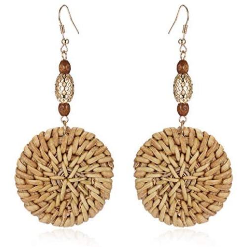 Rattan Earrings Handmade Straw Statement Bohemian Lightweight Drop Dangle Geometric Woven Wicker Earring For Women Girls