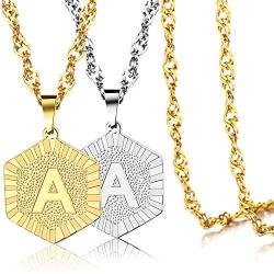 AZAZCCM 2Pcs Initial Necklace For Men And Women- Letter Necklace Gold And Silver- Stainless Steel 316L Cuban Chain With Coin Shape Initial Pendant, Classic Charm Letter Chain Costume Jewelry