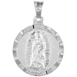 Sterling Silver St Guadalupe & Sacred Heart of Jesus Necklace Double Sided Medal 3/4 inch Round Diamond Cut 18-30 inch Chain