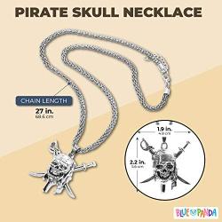 Pirate Skull and Crossed Swords Necklace (15 Inches, Silver)