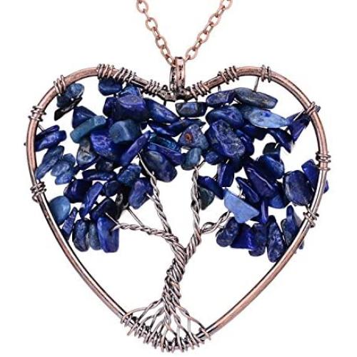 Tree of Life Necklace Heart Shaped Wire Wrapped Family Tree Pendant Crystal Birthstone Jewelry