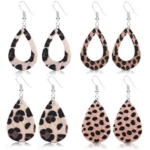 GIMEFIVE 4 Pairs Leather Teardrop Glitter Sequins Earring Lightweight Leaf Drop Bohemian Hollow Earrings for Women Girl