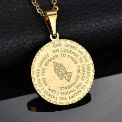 Fuqimanman2020 Bible Verse Prayer Necklace Christian Jewelry Gold Stainless Steel Praying Hands Coin Medal Pendant | Silver Gold