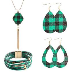 Plaid Christmas Jewelry Set Multi-Layer Tube Bracelets Faux Leather Pendant Necklace Buffalo Plaid Earrings for Women Girls