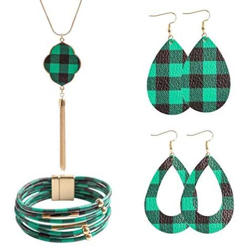 Plaid Christmas Jewelry Set Multi-Layer Tube Bracelets Faux Leather Pendant Necklace Buffalo Plaid Earrings for Women Girls