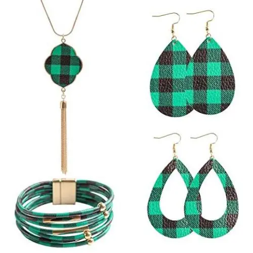 Plaid Christmas Jewelry Set Multi-Layer Tube Bracelets Faux Leather Pendant Necklace Buffalo Plaid Earrings for Women Girls Plaid Christmas Jewelry Set Multi-Layer Tube Bracelets Faux Leather Pendant Necklace Buffalo Plaid Earrings for Women Girls
