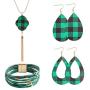 Plaid Christmas Jewelry Set Multi-Layer Tube Bracelets Faux Leather Pendant Necklace Buffalo Plaid Earrings for Women Girls