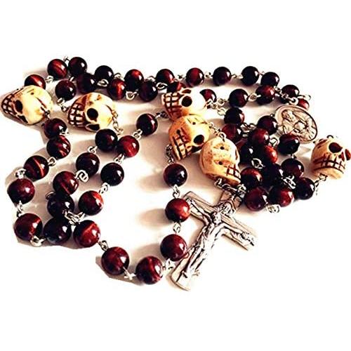 elegantmedical HANDMADE Tiger Eye Bead Bone Skull Rosary CRUCIFIX CATHOLIC NECKLACE ITALY CROSS