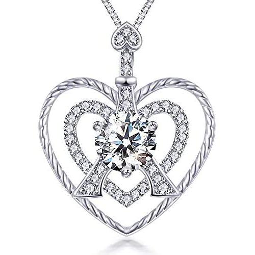 VAN RORSI&MO Heart Necklace-Eiffel Tower Heart Necklaces for Women 5A Cubic Zirconia 14K White Gold Heart Pendant Necklace Jewelry Necklaces for Women