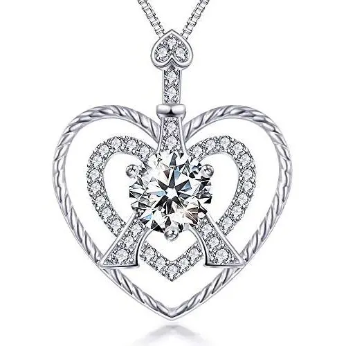 VAN RORSI&MO Heart Necklace-Eiffel Tower Heart Necklaces for Women 5A Cubic Zirconia 14K White Gold Heart Pendant Necklace Jewelry Necklaces for Women