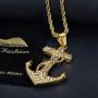 Lee Island Fashion 24K Gold Plated Simulated Diamond CZ Fully Vintage Nautical Anchor Pendant Stainless Steel Necklace For Men, 24 Inch Chain Jewelry
