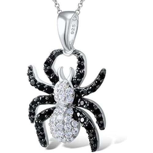 Santuzza 925 Sterling Silver Black CZ Spider Pendant Necklace with Black Spinels CZ Stones