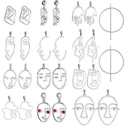 Hanpabum 13pairs Face Statement Earrings Hollow Face Hand Shaped Drop Dangle Earrings Set Platinum/Gold Plated Punk Style Jewelry