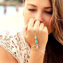 Olbye Turquoise Finger Ring Bracelet Dainty Silver Flower Harness Bangle Chain Everyday Bracelet Jewelry Gift for Women and Girls