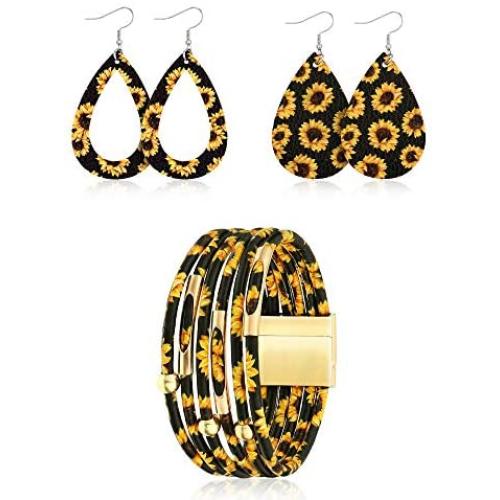 Hicarer 3 Pieces Women Sunflower Print Jewelry Set, Includes 2 Pairs Faux Leather Teardrop Dangle Earrings, Sunflower Multilayer Bracelet