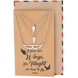 Quan Jewelry Angel Wing Necklace, Set of 3 Pendant Necklaces, Gifts for Mother Daughter Sister with Inspirational Quote Card - 100% Handmade
