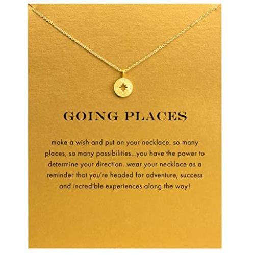 HUNO Dainty Lucky Elephant Horseshoe Clavicle Chain Key Angel Wing Hexagram Star Pendant Necklace Friendship BFF Jewelry (Compass)