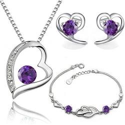 Crystalline Azuria Heart Jewelry Set for Women White Purple Zirconia Crystals Heart Pendant Necklace 18'' Stud Earrings Bracelet 7.2'' 18K White Gold Plated