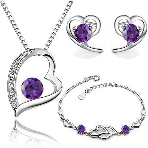 Crystalline Azuria Heart Jewelry Set for Women White Purple Zirconia Crystals Heart Pendant Necklace 18'' Stud Earrings Bracelet 7.2'' 18K White Gold Plated