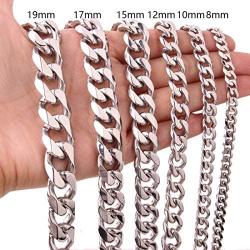 MUYING JEWELRY 8/10/12/15/17/19MM Cool Huge 316L Stainless Steel Silver Tone Cut Cuban Curb Link Chain Mens Boys Necklace Or Bracelet Bangle 7-40inch Choose