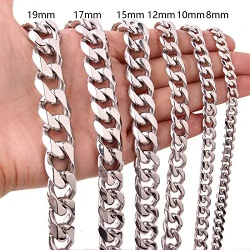 MUYING JEWELRY 8/10/12/15/17/19MM Cool Huge 316L Stainless Steel Silver Tone Cut Cuban Curb Link Chain Mens Boys Necklace Or Bracelet Bangle 7-40inch Choose MUYING JEWELRY 8/10/12/15/17/19MM Cool Huge 316L Stainless Steel Silver Tone Cut Cuban Curb Link Chain Mens Boys Necklace Or Bracelet Bangle 7-40inch Choose
