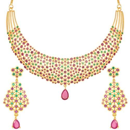 Aheli Gold Color Avalika Necklace with Dangle Earrings Jewelry Set Embellished with Red Green Color Cubic Zirconia Stones Wedding Party Ethnic Fashion Wear for Women