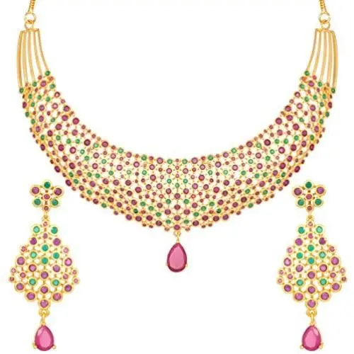 Aheli Gold Color Avalika Necklace with Dangle Earrings Jewelry Set Embellished with Red Green Color Cubic Zirconia Stones Wedding Party Ethnic Fashion Wear for Women