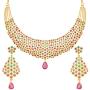 Aheli Gold Color Avalika Necklace with Dangle Earrings Jewelry Set Embellished with Red Green Color Cubic Zirconia Stones Wedding Party Ethnic Fashion Wear for Women