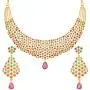 Aheli Gold Color Avalika Necklace with Dangle Earrings Jewelry Set Embellished with Red Green Color Cubic Zirconia Stones Wedding Party Ethnic Fashion Wear for Women