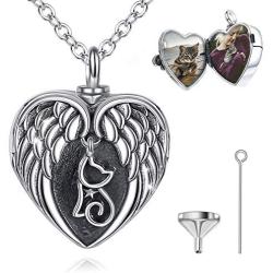 EUDORA Personalized Angel Wing Cremation Necklace, Sterling Silver Locket Necklace that Holds Picture, Heart-shape Custom Urn Engraved Memorial Jewelry for Ashes, 20 inches Chain