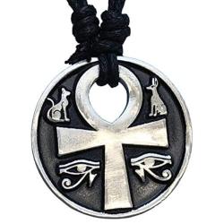 Pagan Jewelry Ankh Cross of life Anubis Bastet Bast Eye of Ra Horus Egyptian Protection Amulet Men Women Coin Pendant Necklace Money Lucky Charm Safe Travel Talisman Medallion w Black Adjustable Cord