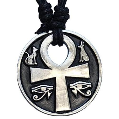 Pagan Jewelry Ankh Cross of life Anubis Bastet Bast Eye of Ra Horus Egyptian Protection Amulet Men Women Coin Pendant Necklace Money Lucky Charm Safe Travel Talisman Medallion w Black Adjustable Cord