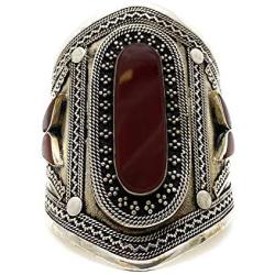 Duel On Jewel Tribal Afghan Baloch Oxidized Antique Finish Big Statement Engraved Metal Cuffs in Gypsy Stones
