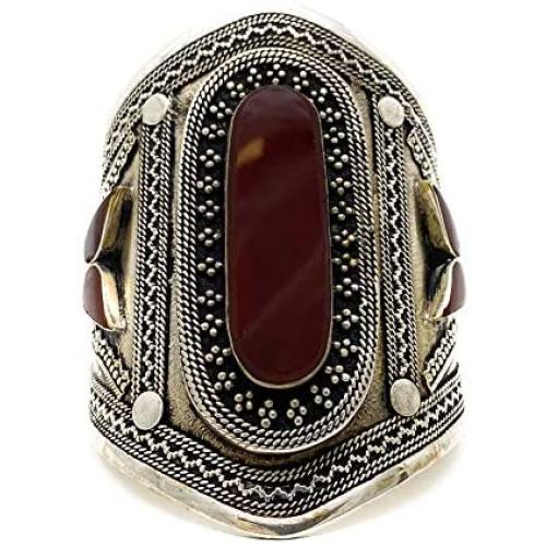 Duel On Jewel Tribal Afghan Baloch Oxidized Antique Finish Big Statement Engraved Metal Cuffs in Gypsy Stones