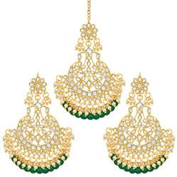 Aheli Indian Wedding Kundan Pearl Maang Tikka with Earring Set Bollywood Party Traditional Jewelry for Women Girls