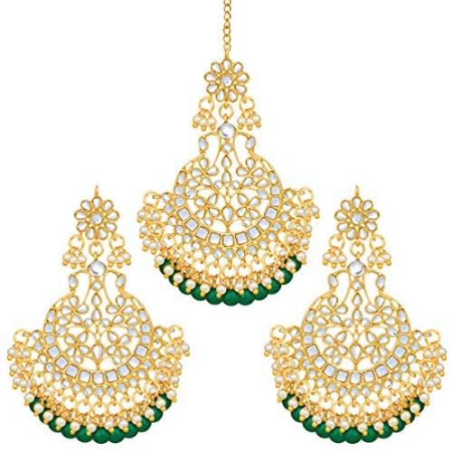 Aheli Indian Wedding Kundan Pearl Maang Tikka with Earring Set Bollywood Party Traditional Jewelry for Women Girls